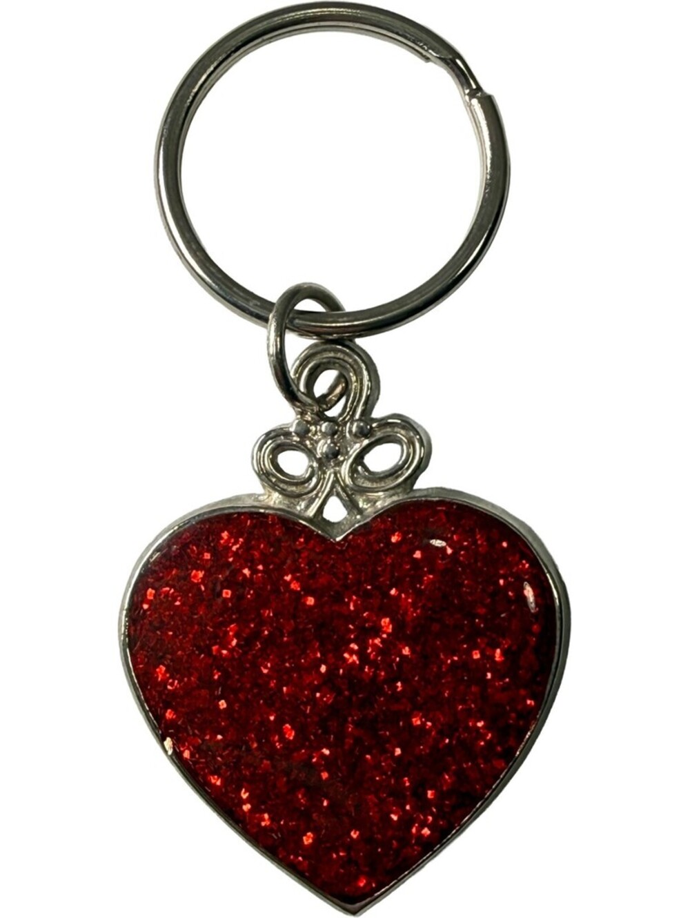 Vintage 1980s Red Glitter Heart Keychain Fob Ring Silver Color Back Keyring